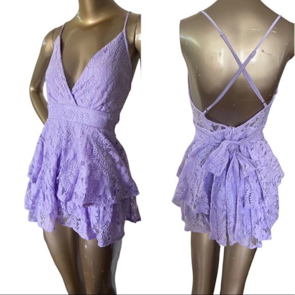 Lavender formal romper / mini dress. Stretch lace, adjustable steamed NWT - Picture 1 of 15